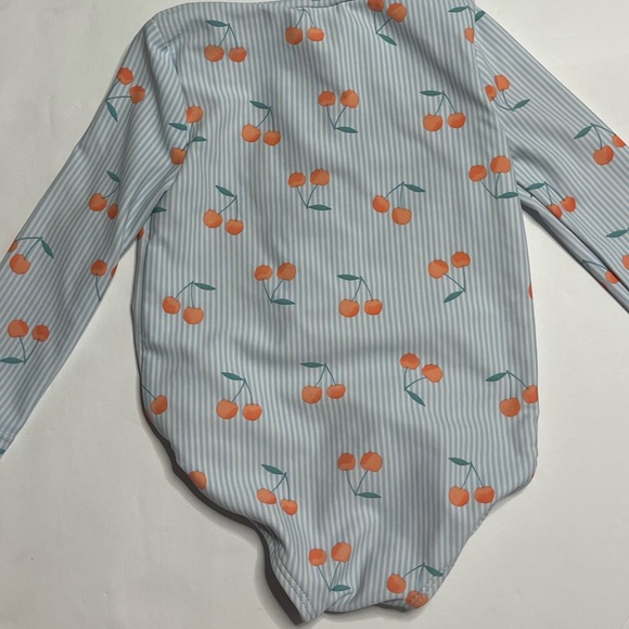 Long sleeve rash guard swimsuit 9M baby blue stripe with peach cherries zip snap - Picture 4 of 6